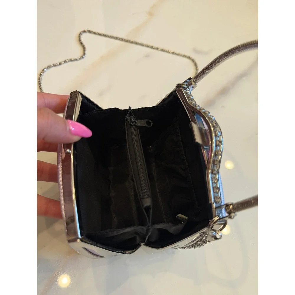Lavender Satin Rhinestone Evening Bag Mini Handbag‎ Crossbody Silver Chain